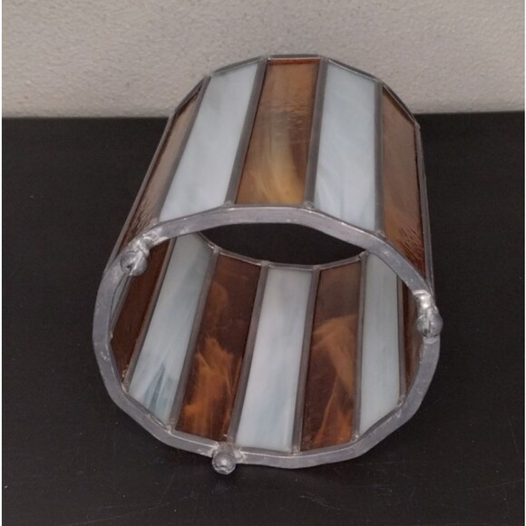 Vintage Marbled Amber & White Leaded Stained Glass Candle Holder 6x5 - Picture 3 of 5